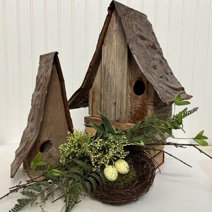 Rustic wood birdhouses with vintage embossed tin ceiling roof