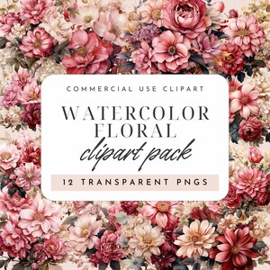 Pink Flowers Watercolor Clipart – 12 PNG Floral Illustrations for Scrapbooking, Junk Journals & Printable Ephemera