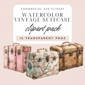 Watercolor Vintage Suitcase Clipart – 12 PNGs for Junk Journals, Scrapbooking & Printable Ephemera