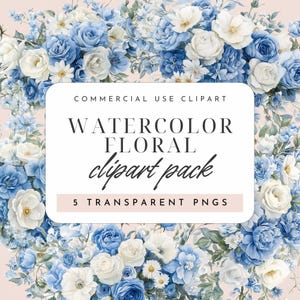 Clipart bouquet de fleurs bleu clair et blanc – 5 PNG aquarelles pour mariages, travaux manuels et invitations