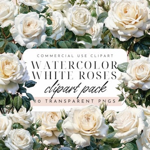 White Roses Watercolor Clipart – 10 PNGs for Junk Journals, Scrapbooking & Wedding Printable Crafts