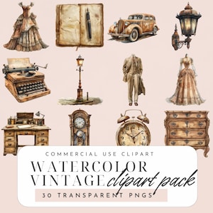 Watercolor Vintage Clipart – 30 PNGs for Junk Journals, Antique Ephemera, Scrapbooking & Printable Retro Collage Art