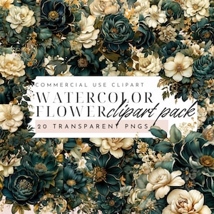 Dark Green Floral Watercolor Clipart – Vintage Botanical PNGs for Junk Journals, Dark Cottagecore Ephemera & Scrapbooking | 20 PNGs