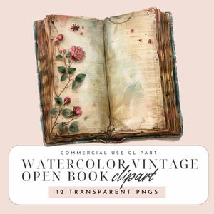 Watercolor Vintage Open Book Clipart – 12 PNGs | Antique Book Illustrations | Junk Journal and Scrapbook Graphics | 300 DPI Transparent PNGs