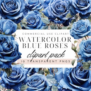 Blue Roses Watercolor Clipart – 10 PNGs for Junk Journals, Scrapbooking & Wedding Printable Crafts
