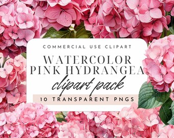Pink Hydrangea Watercolor Clipart Set of 10 PNGs, Floral Digital Download, Wedding Flowers, Scrapbooking, Card Making, Sublimation