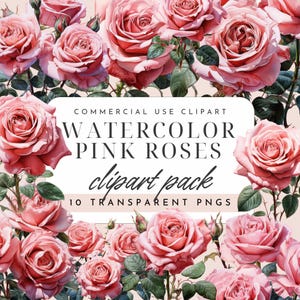 Pink Roses Watercolor Clipart Set – 10 PNGs, Vintage Rose Clipart for Wedding Invitations, Scrapbooking & Craft Projects