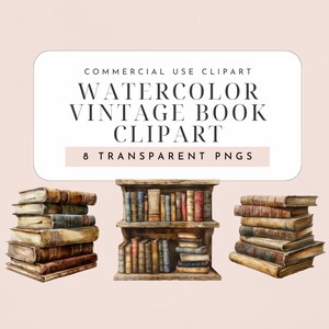 Watercolor Vintage Book Clipart – 8 PNGs for Junk Journals, Reading Ephemera, Bookish Scrapbooking & Printable Library Art