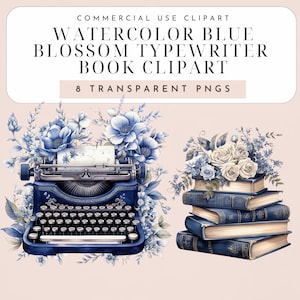 Blue Vintage Floral Typewriter Clipart – 8 PNGs | Watercolor Typewriter | Junk Journal Scrapbook Graphics | 300 DPI Transparent PNGs