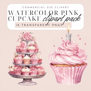Pink Cupcake Clipart – Watercolor Cupcake Tower PNGs for Junk Journals, Party Printables, Baking Stickers and Sweet Ephemera, 18 PNGs