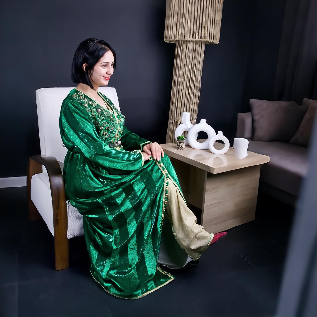 Emerald Green Moroccan Caftan – Handmade – Traditional Embroidery ...