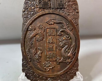 西漢後期　古銅古鏡　115g/8.5㎝　東Y8-0210① Vintage Bronze Carved Dragon Phoenix Token Statue, Feng Shui