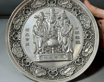 Vintage Cupronickel Carved God of Wealth Plate, Home Decoration & Feng Shui Statue