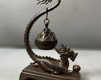 Quemador de incienso de dragón tallado en bronce vintage, estatua Feng Shui