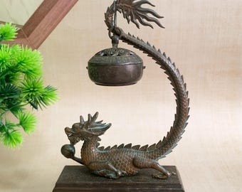 ヴィンテージブロンズ彫刻ドラゴン香炉、ホームデコレーション＆風水像