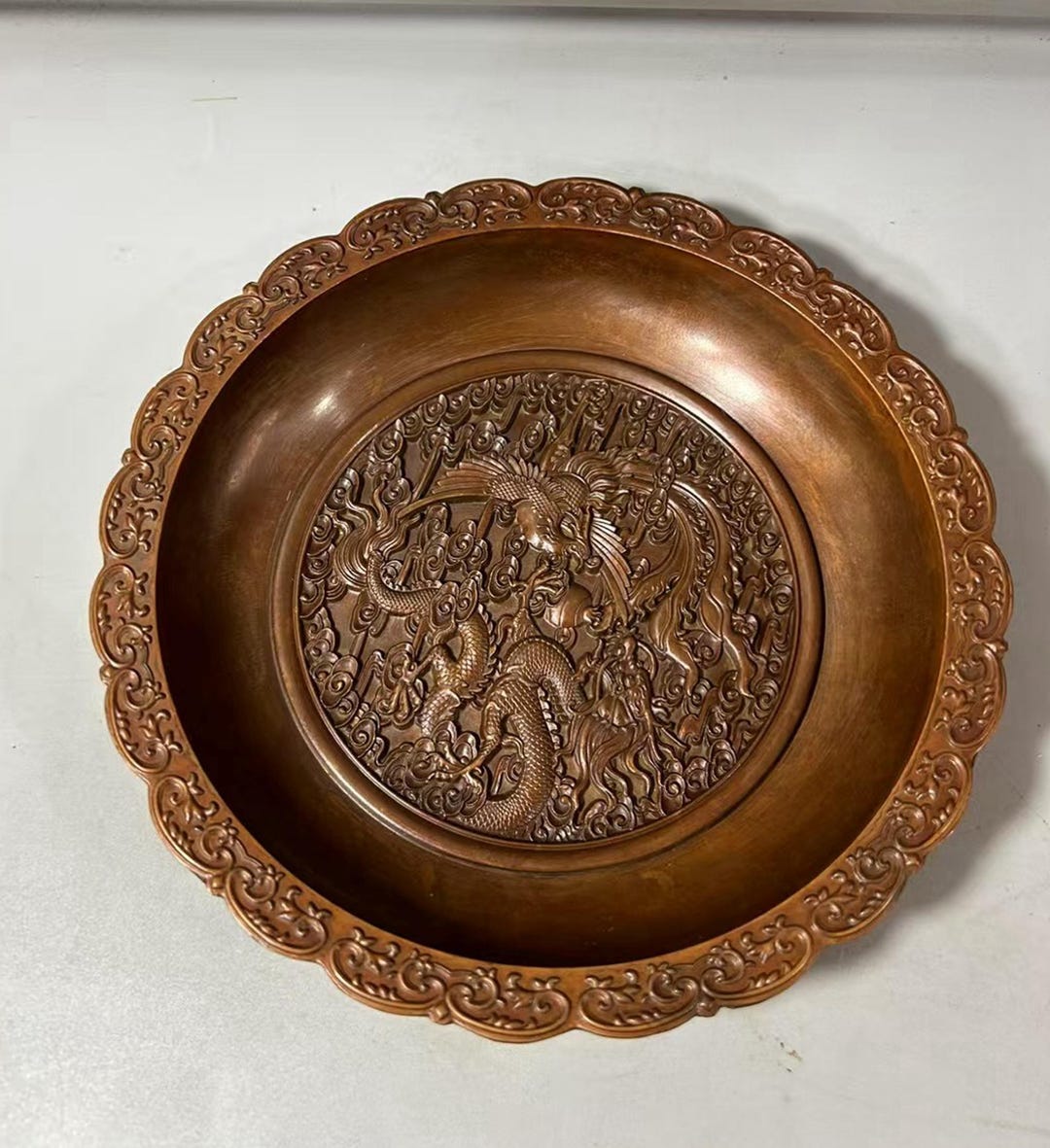 Vintage Bronze Carved Dragon Phoenix Plate, Feng Shui Statue - Etsy