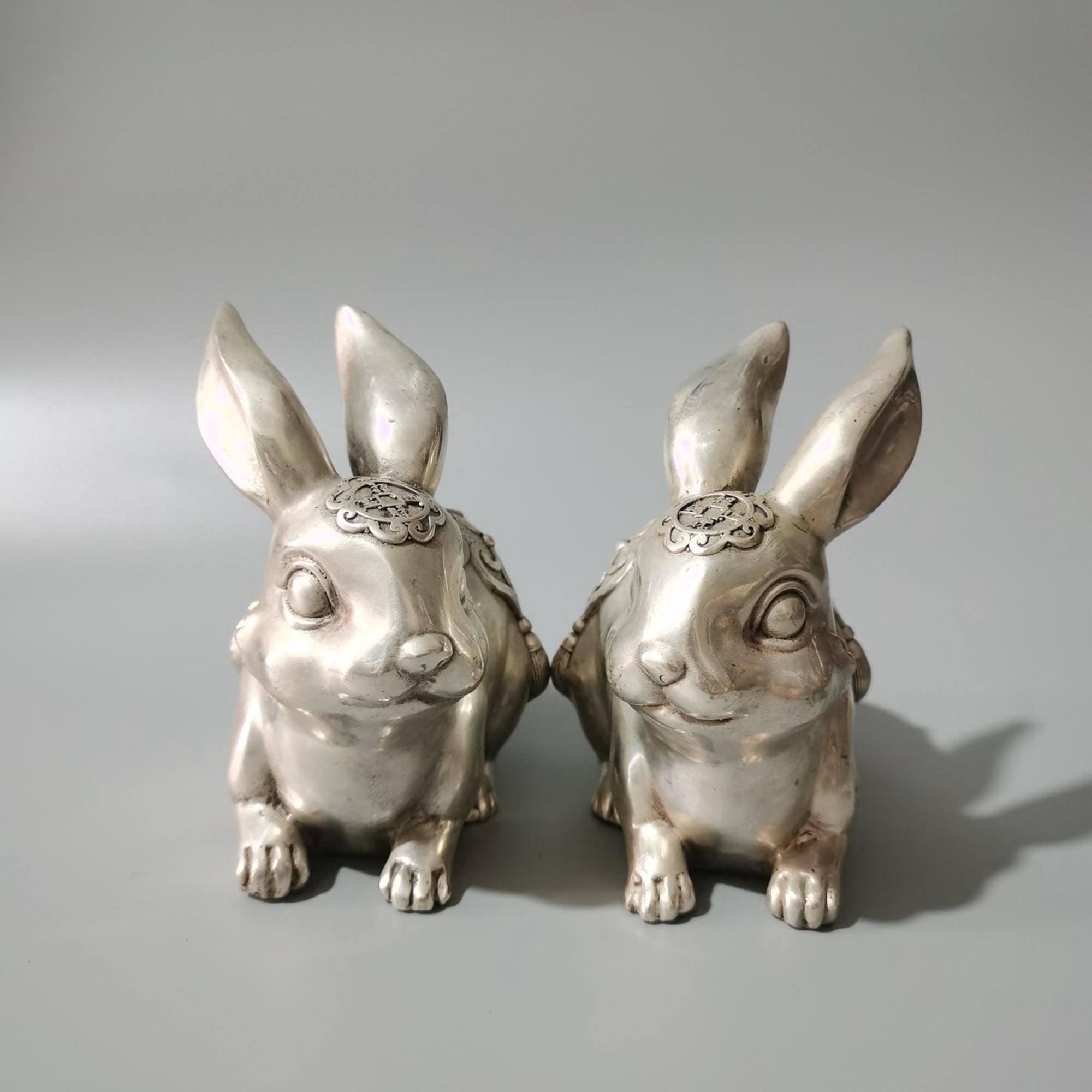 A Pair Vintage Cupronickel Carved Rabbit Statue, Feng Shui Statue