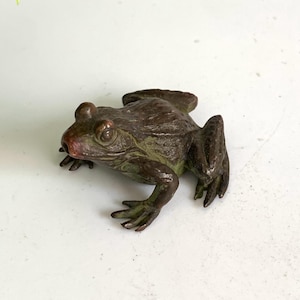 Puede incluir: Una figura de rana de bronce con una textura detallada. La rana tiene una nariz marrón rojiza y detalles verdes, con las patas y el cuerpo en posición agachada. La figura está sobre una superficie blanca.