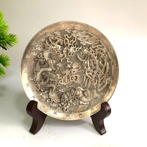 Vintage Tibetan Silver Handmade Dragon Phoenix Plate, Home Decoration & Feng Shui Statue