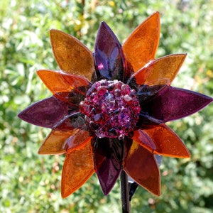 Garden party glass flowers with leaves, multi colored petals, Glass flowers that never fade. Garden art, Fused Glass, indoor outdoor