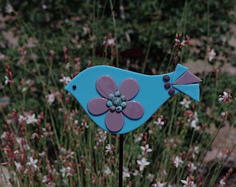 Fused Glass Birds: Colorful Garden Art, Handmade, Large Bird, 32" stem, indoor/outdoor