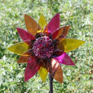 Garden party glass flowers with leaves, multi colored petals, glass flowers that never fade. Garden art, Fused Glass, indoor outdoor