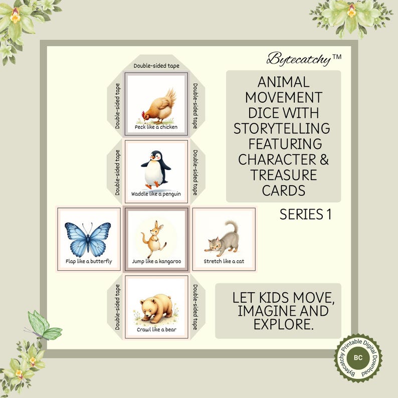 May include: A printable digital game featuring animal movement dice with storytelling cards. The game includes illustrations of a chicken, penguin, butterfly, kangaroo, cat, and bear. The text reads "Let kids move, imagine and explore."