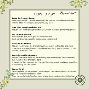 May include: A beige card with the text "HOW TO PLAY" and instructions for a treasure hunt game. The game involves action dice, character cards, and imitating animal movements. The Bytecatchy logo is in the top right corner.