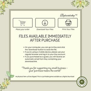 May include: A digital download graphic with instructions for purchasing and downloading files from Etsy. The image includes icons for ordering, downloading, and printing. Text reads "Files Available Immediately After Purchase" and "Thank you for supporting my small business."