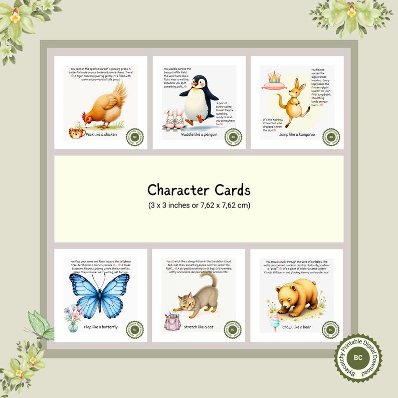 May include: A set of character cards, each 3 x 3 inches, featuring illustrations of animals with accompanying text. The cards include a chicken, penguin, kangaroo, butterfly, cat, and bear, with phrases like "Peck like a chicken."