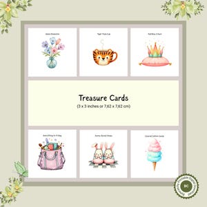 May include: A collection of watercolor illustrations on a light green background. The images include a vase of flowers, a tiger-faced cup, a crown, a pink bag, bunny-eared shoes, and cotton candy. The text reads "Treasure Cards (3 x 3 inches)".