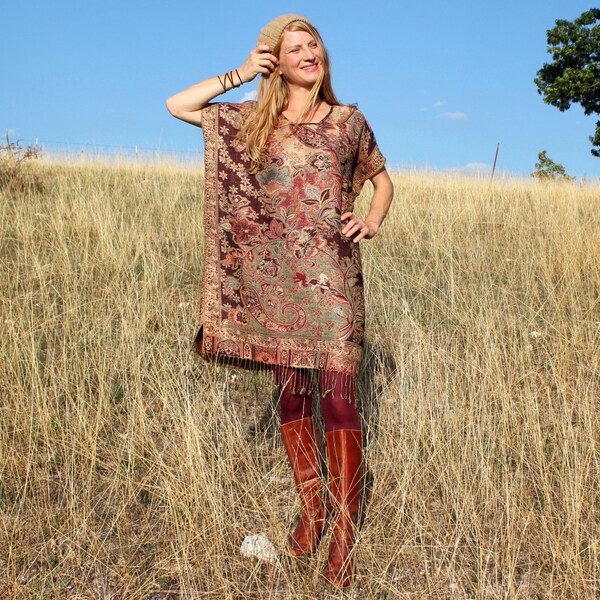 Caftan Dress in Oxblood Burgundy and Gold Cashmere & Silk  with Fringe . Hippie Boho Style Caftan . One Size Fits All