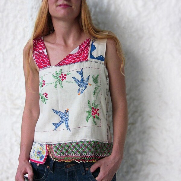 Birds and Berries Blouse OOAK Upcycled Vintage Embroidered Linen Boho Handmade Unique Natural