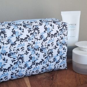 Blue Floral Quilted Makeup Bag, Handmade Cotton Cosmetic Pouch
