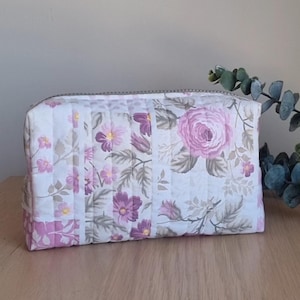Purple Floral Quilted Makeup Bag, Handmade Zippered Cosmetic Pouch