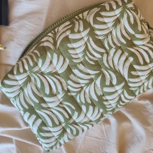 Green Quilted Makeup Bag, Handmade Toiletry Organizer with Pockets