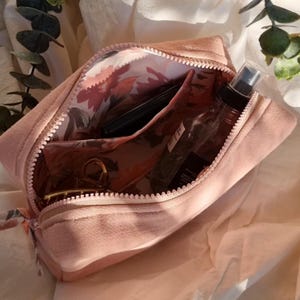 Pink Muslin Makeup Bag with Pockets, Cosmetic Pouch, Cotton Cosmetic Bag, Toiletry Bag for Women, Gift for Her