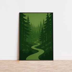 Evergreen Escape – Vintage Naturposter – Monochromer Waldkunstdruck – Minimalistische grüne Landschaft – Retro Leinwanddekor