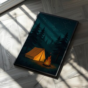 Retro Camping Wandkunst – Vintage Waldzelt Poster – Outdoor Nachtszene Leinwanddruck – Hüttendekor