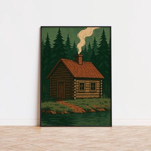 Hütte in den Kiefern – Retro-Poster aus Holzhütte – Vintage-Wandkunst mit Waldszene – Natur-Leinwanddruck für rustikale Innenräume
