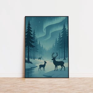 Póster vintage de ciervo nevado – Arte mural retro de bosque invernal con silencio septentrional – Impresión en lienzo con decoración de cabaña rústica serena
