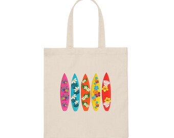 Colorful Surfboard, Hawaiian flowers, beach bag, Canvas Tote Bag
