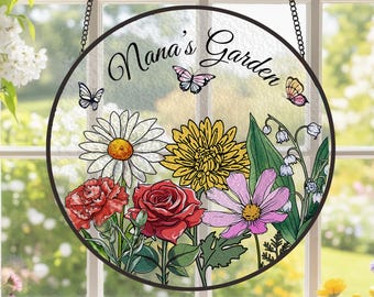 Atrapasueños de vidrio con flores de nacimiento personalizadas, regalo para el Día de la Madre, decoración de jardín para la abuela, arte floral en vidrio, arte botánico, bendiciones de la abuela.