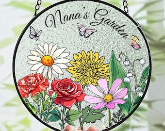Atrapasueños de vidrio con flores de nacimiento personalizadas para la familia, regalo de atrapasol de vidrio de colores del jardín de la abuela, arte floral en vidrio, regalo de flores de nacimiento para la abuela