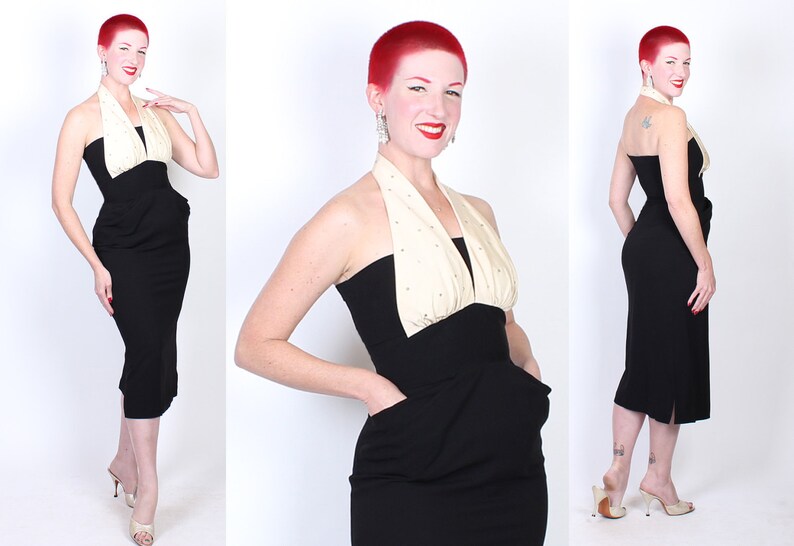 BOMBSHELL Early 1950s Rayon Crepe Extreme Hourglass Cocktail Dress w/ 3D Pleated Hip Pockets & Cream Satin Rhinestone Halter Shelf Bust - M 