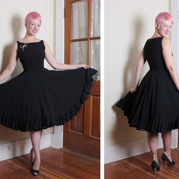 PERFECTION Late 1950's New Look Inky Black Silk Rayon Blend Party Dress w/ Flirty Ruffled Hem by A Junior Sophisticate Original - Size S