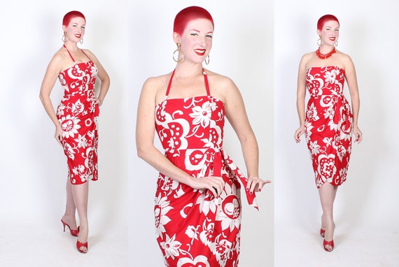 EXOTIC 1950's Hawaiian Lipstick Red & White Floral