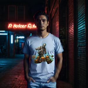 Puede incluir: Camiseta azul claro con un diseño de un zombi regando calabazas. El diseño incluye un letrero que dice "Dead Men Still Growing". La persona lleva la camiseta delante de un letrero de neón.