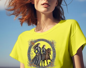 Medieval Female Knights Unisex T-Shirt, Armor Suit Horse Flowers Frame, Gift for History Buffs