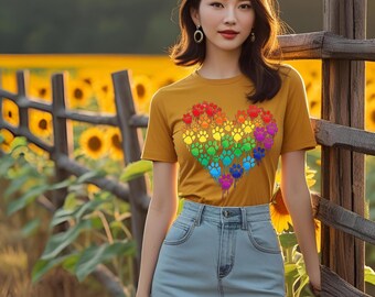 Puede incluir: Camiseta de color mostaza con un corazón hecho de huellas de patas coloridas. Se combina con una falda vaquera azul claro. El fondo incluye una valla de madera y girasoles.
